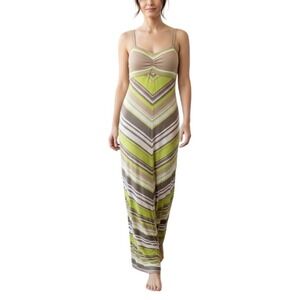 Trina Turk Maxi Dress Women XS Lime Green Tan Striped Knit Chevron Sleeveless